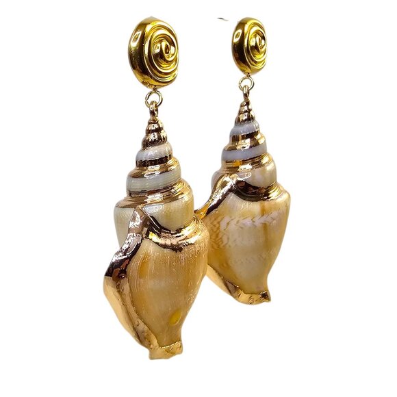 Conch Shell Gold 18K Plated Stainless Steel Dangle‎ Earrings - Picture 3 of 6